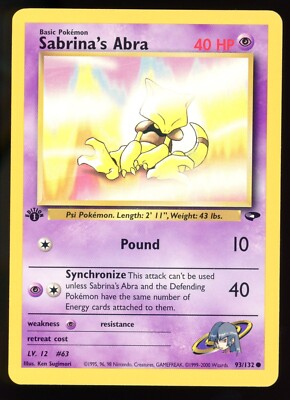 Pokemon Sabrina's Abra Card #91/132 – Gym Heroes Set, 1st Edition Common Psychic Pokemon TCG Card - View #10