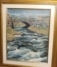 Impressionist oil painting river landscape stone bridge signed