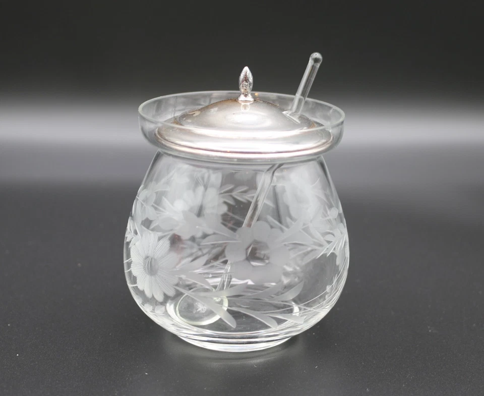 Vintage Watson Etched Crystal Glass Marmalade/Jam Jar w/ Sterling Silver Lid - Image 2 of 4