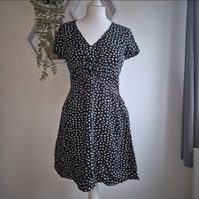 &ET Womens Dress UK 10 Black White Polka Dot Short Sleeve V Neck