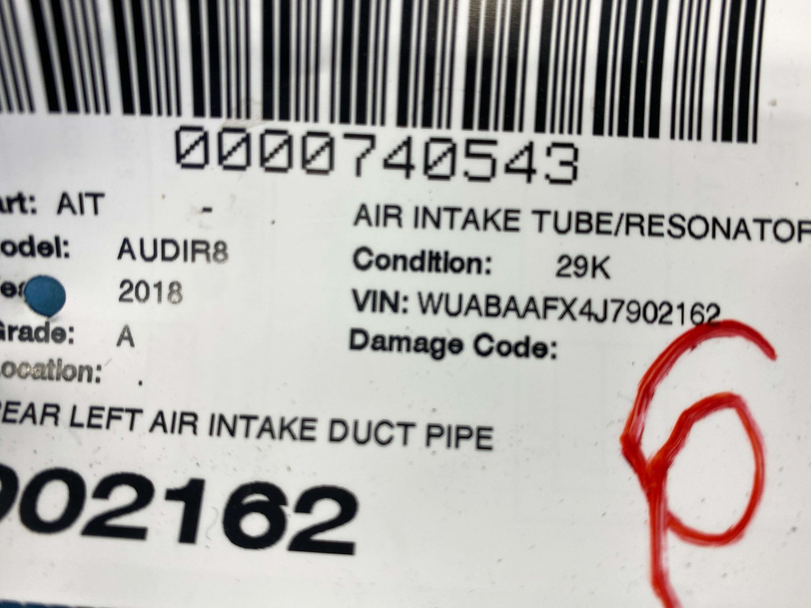 2017-2023 AUDI R8 V10 4S RWS OEM REAR LEFT AIR INTAKE DUCT PIPE TUBE 4S7121333