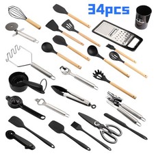 34-Pcs Kitchen Silicone Utensils Set with Heat Resist Wooden Handle Black