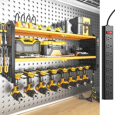 Large Power Tool Organizer Wall Mount w/ Charging Station 8 Drill Holder Yellow