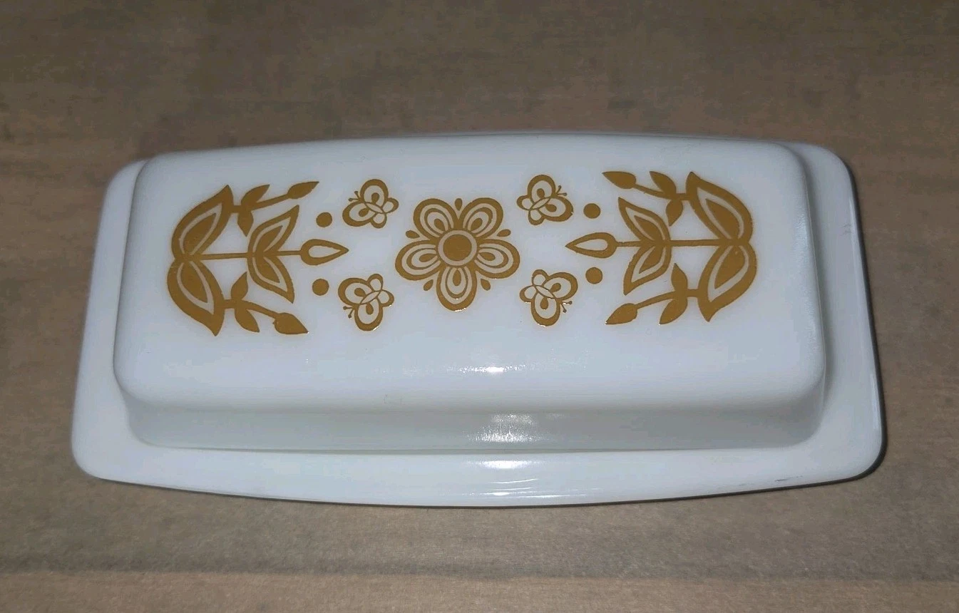 Pyrex Vintage Covered Butter Dish Gold Butterfly Pattern No Chips Or Cracks EUC