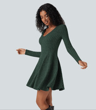 NWT Halara Ribbed Knit V Neck Long Sleeve Flare Mini Casual Dress Emerald Green