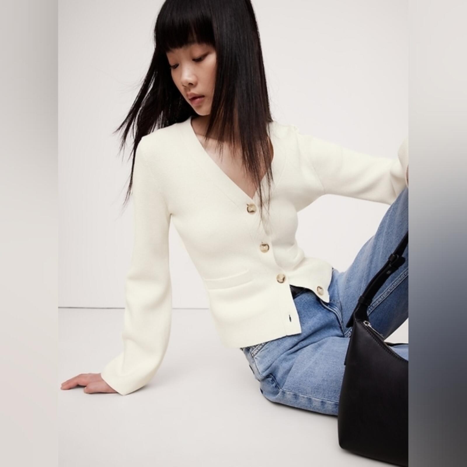 NWT Banana Republic Eversoft Cotton Silk Flare-Sleeve Iced Vanilla Ivory White L