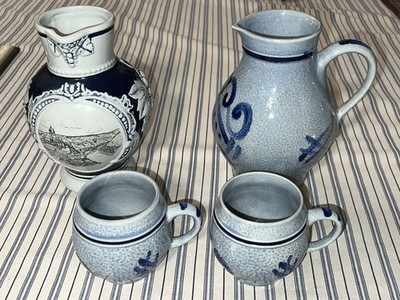 Vintage MR Keramik Krug Nr. 3061 mit Salzglasur, Blaumalerei mit 2 Bechern 3090