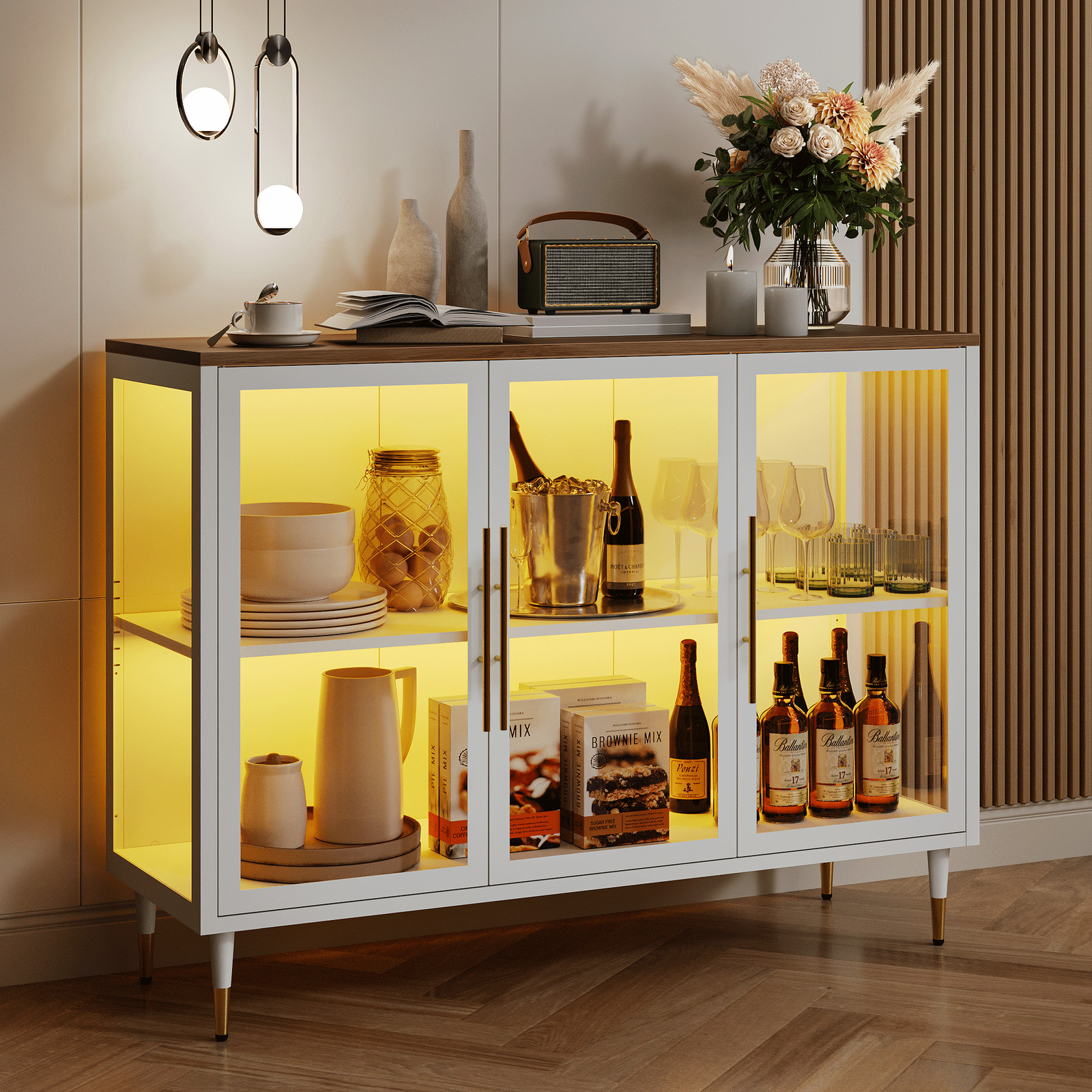 3 Doors Sideboard Buffet Cabinet with LED Lights 47" Glass C