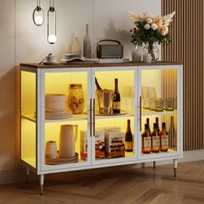 3 Doors Sideboard Buffet Cabinet with LED Lights 47" Glass Coffee Bar Credenzas