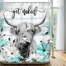 Farmhouse Teal Highland Cow Shower Curtain 60Wx72H Western Country Bull Funny Ca