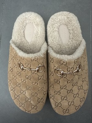 Authentic Gucci Women s Beige 41  Slip On GG Monogram Horsebit Suede Mules