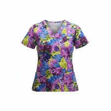 Fashion Scrubs Women  s V Neck Scrub Top Small Floral Brushstroke Design Vibrant