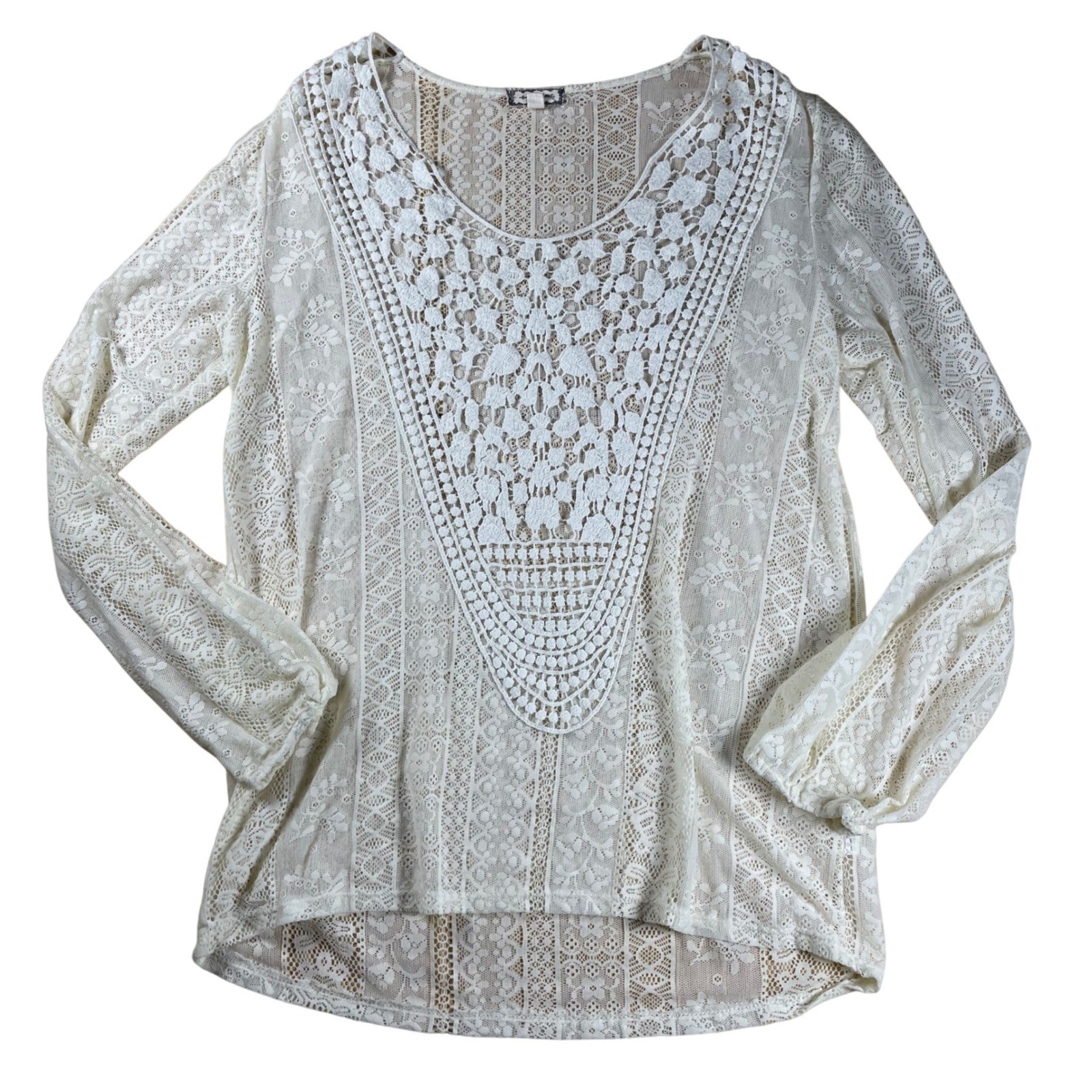 Eye Shadow Womens Lace Long Sleeve Top Size L Ivory Boho Bohemian Casual