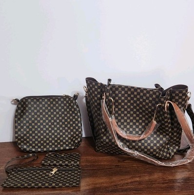 New Brown Monogram Tote Bag Purse Set w/ Matching Wallet Pouch Wristlet 4 Pc