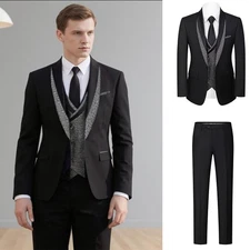 3pcs Men Suits Jackets Vest Pants Regular Fit Formal Shawl Lapel Groom Prom
