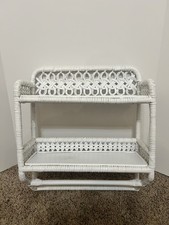 Vintage White Wicker Rattan Two-Tier Hanging Shelf With Towel Rack