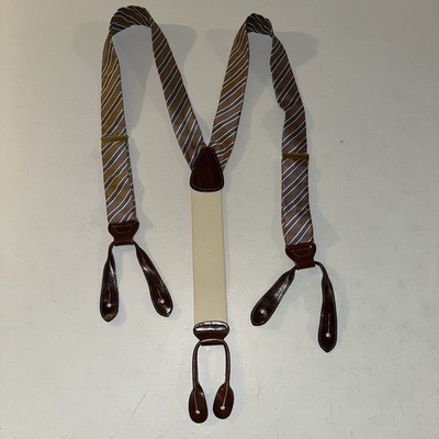 #ad Trafalgar Gold Blue Stripe Suspenders Y Back Leather Button Tabs Gold Clips $27.99