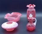 4pc Lot Fenton CRANBERRY OPALESCENT Swirl&Diamond Optic Glass Bowl, Vases, Cruet