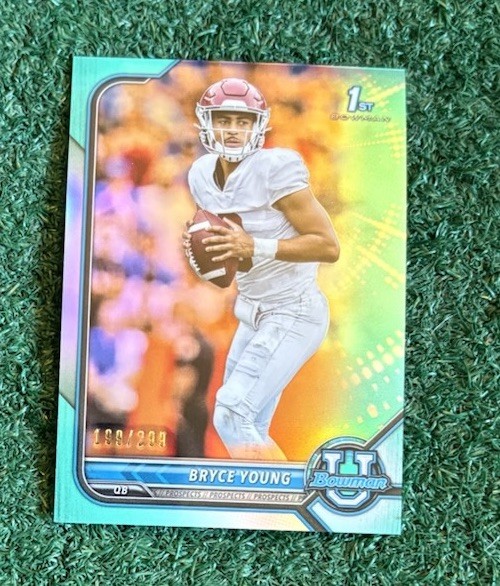 BRYCE YOUNG - 199/299 - 2021-22 BOWMAN UNIVERSITY CHROME AQUA REFRACTOR CARD # 4