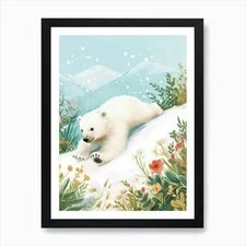 Polar Bear Cub Sliding Down A Snowy Framed Wall Art Poster Canvas Print Picture