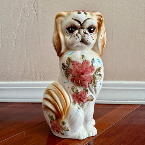 Floral Pekingese Dog Figurine Statue 12" Hand Painted Ceramic Vintage
