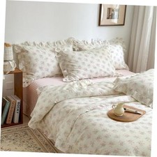 Pink Floral Duvet Cover Set Queen 90" x 90" B1 Ruffle Lace - Pink Floral