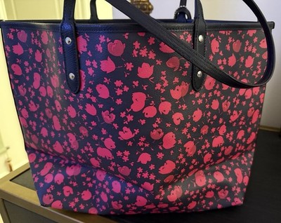 Coach Reversible City Tote Navy Pink Bird Floral Print Leather