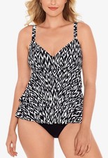 Swim Solutions BLACK/WHITE Tiered Tummy-Control One-Piece Swimsuit, US 8