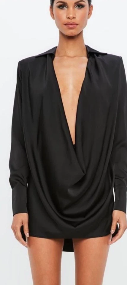 Missguided Peace & Love Satin Cowl Deep V-neck Black Mini Satin Dress US 8 NWOT - Image 2 of 4