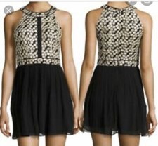 Romeo Juliet Couture size S Black Gold Grecian neck Cocktail Dress Short pleated