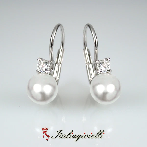 Eleganti Orecchini Perla Brillanti in Argento 925 Rodiato Oro Bianco - Immagine 3 di 4