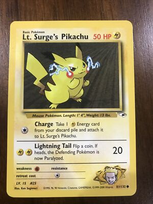lt surge's pikachu pokemon card value Lt. Gym Challenge Vintage! Very Good Condition! ex has been Knocked Out Lt. Surge's Pikachu #81 Precios