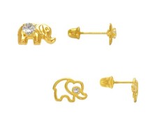 Elephant Stud Earrings Real 14K Solid Gold CZ Good Luck Animal Screw Back Women