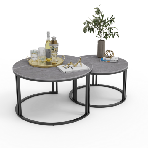 WISFOR Simple Nesting Table Circular Round Marble Tables Coffee Table White/Grey - Picture 18 of 19