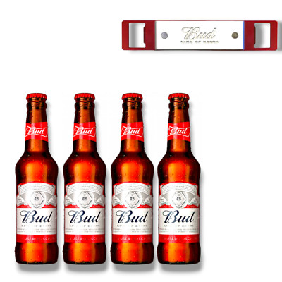 4 x Bud Bier + Original Bud King of Beer Barblade Flaschenöffner 4x 0,33l