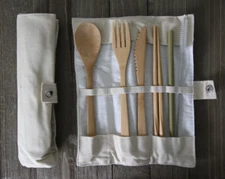 Bamboo Flatware Set, Bamboo Reusable Utensil Set, Khaki Travel Utensils 7pcs