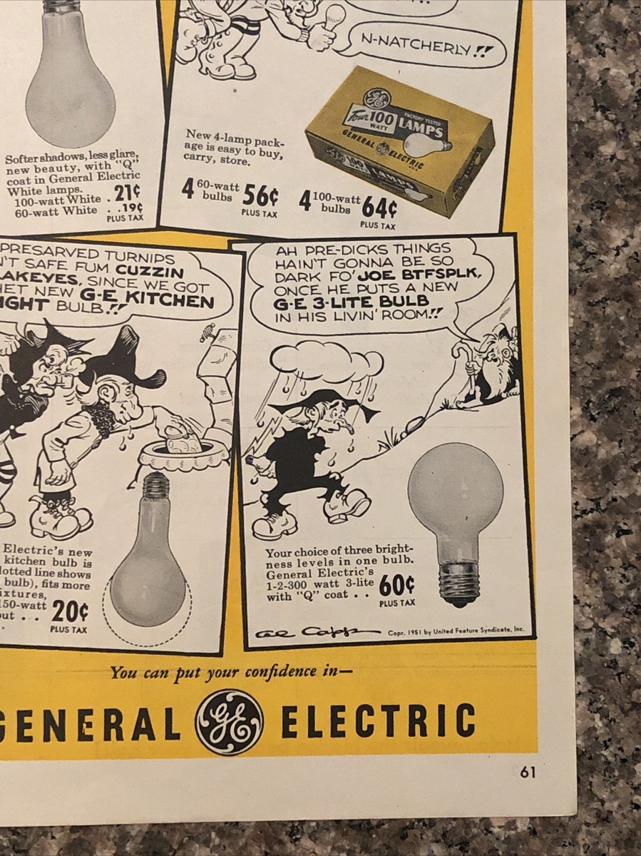 1952 GE General Electric Light Bulbs VTG 1950s PRINT AD Li'l Abner