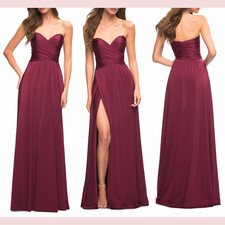 NEW $378 La Femme [ 2 ] Shiny Strapless Jersey Gown in Dark Berry #S589