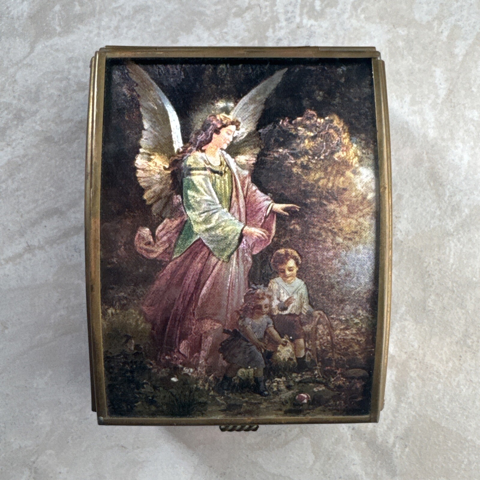 Enesco Art Guardian Angel Trinket Jewelry Box Shimmery Purple Gold Glass Brass