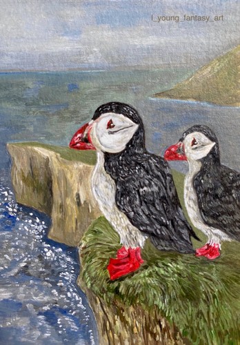 ORIGINAL ACEO ATC PUFFIN FAROE ISLANDS NATURE BIRD PAINTING OOAK ART BY LYOUNG