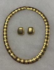 Gold Tone Choker Style Necklace W/Brushed Gold Tone Earrings- Pierced