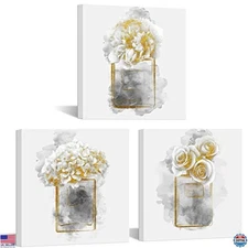 Gold Grey Flower Bathroom Decor Canvas Art Set - 3 Pieces, 12x12 Inch