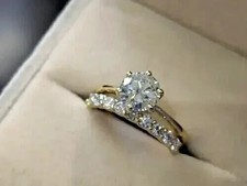 Braut Set 2 Karat Rundschliff echter Moissanit Verlobungsring 14K Gelbgold vergoldet