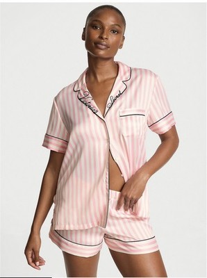 Victoria s Secret Signature Satin Short Pajama Set Embroidered Collar $79.95
