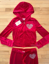 NEW NWT JUICY COUTURE Velour Bling Heart Logo Tracksuit Set in Flash Red Size S