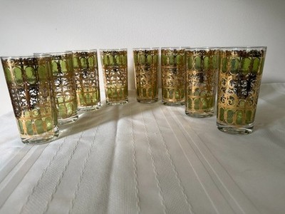 Vintage Culver Valencia Highball Glasses Set 8 22K Gold Green MCM Barware