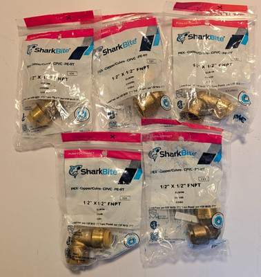 SharkBite 1/2'' X 1/2'' FNPT Elbow Push-To-Fit Brass Fittings, #U308LFA, Lot of 5