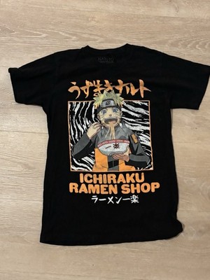 Naruto Shippuden Men s S Black Graphic Print Tee Crew Neck Ichiraku Ramen Shop