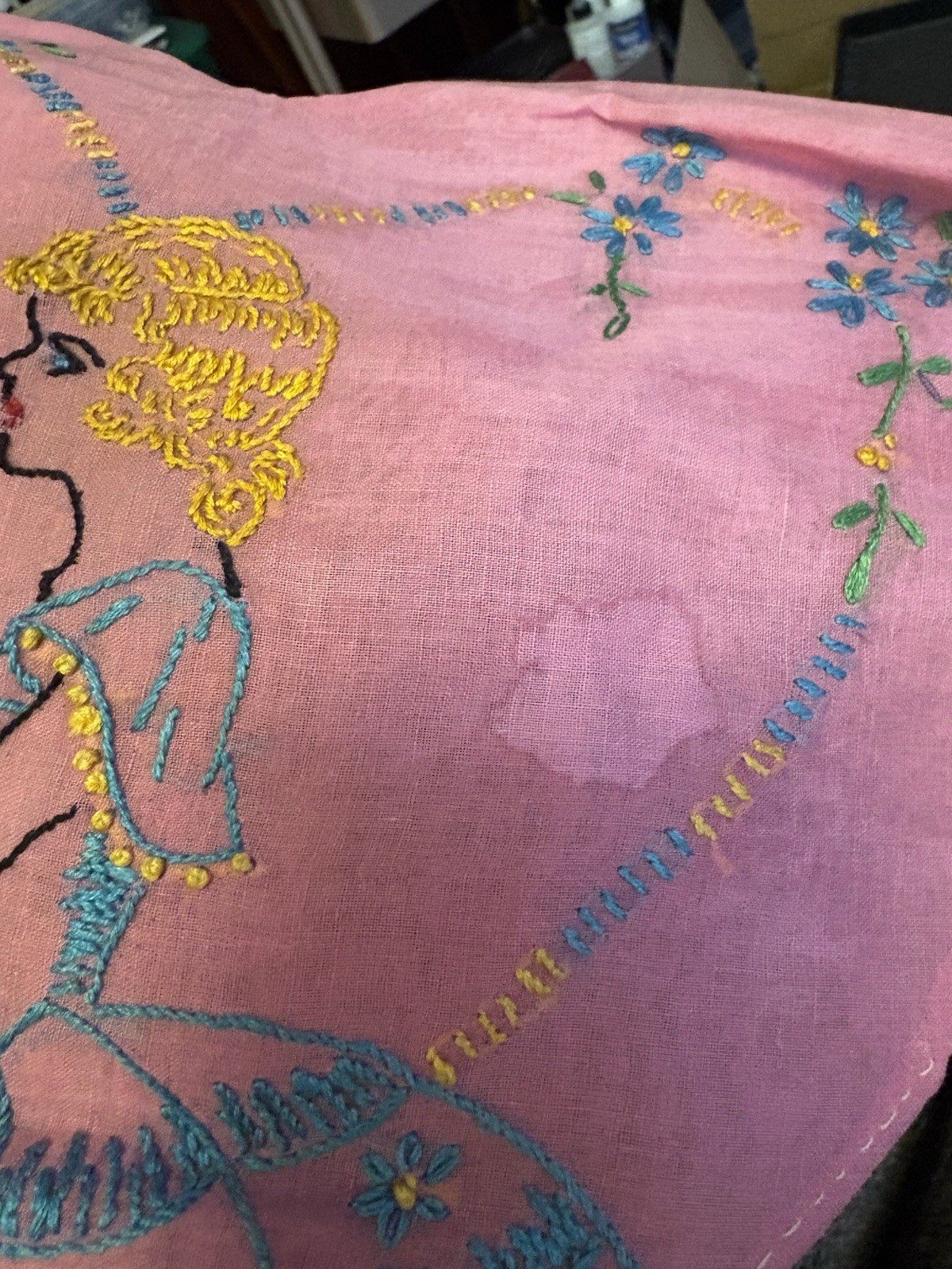 Vintage  Embroidered Pillow Pink Small Heart Shaped  Flapper Girl