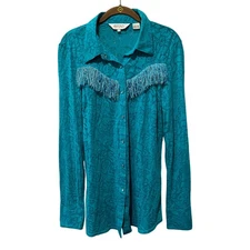 ROPER Western Shirt Women's Large Turquoise Blue Floral Sheer Fringe Pearl Snap